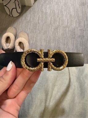 Salvatore Ferragamo Black Leather Belt with Gold Logo Buckle